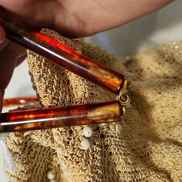 Vintage Women's Crochet & Tortoise Lucite Bag/Purse Gold Boho 1950/1960 - Picture 7 of 13